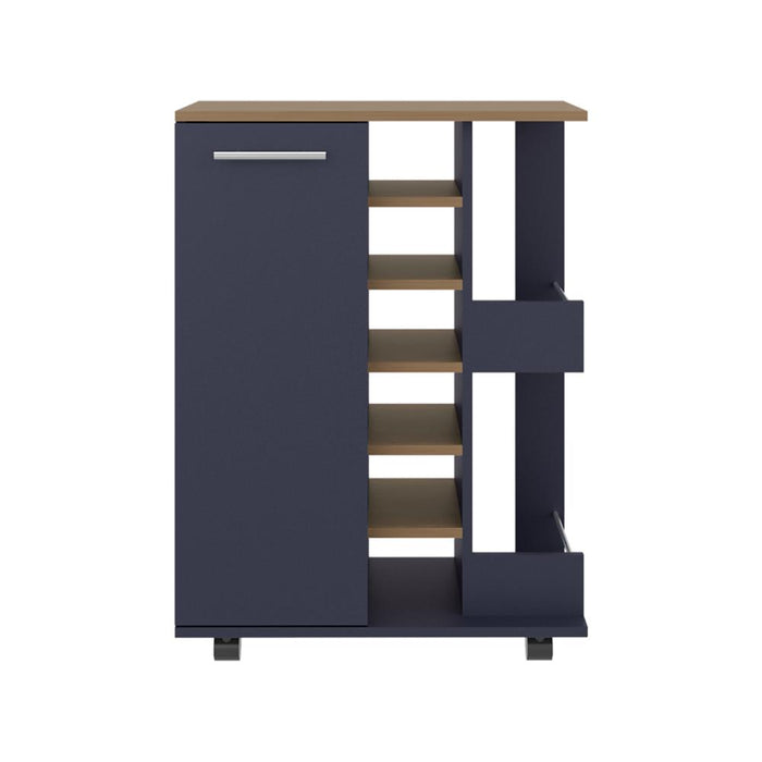 Bar Cart Argus, Azul y Fresno Kronos, con Espacio Para Botellas y Porta Copas