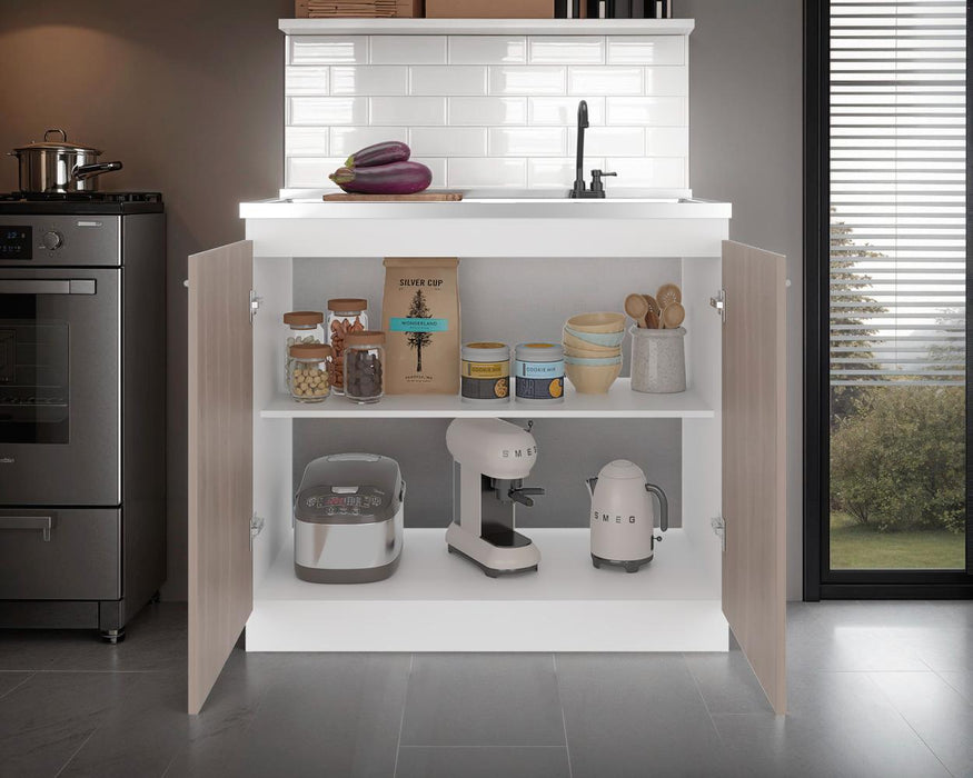 Gabinete Inferior Cantabria, Kronos Blanco y Bardolino, con dos Puertas Abatibles- Mesón derecho y Grifería ZF