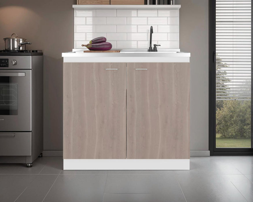 Gabinete Inferior Cantabria, Kronos Blanco y Bardolino, con dos Puertas Abatibles- Mesón derecho y Grifería ZF