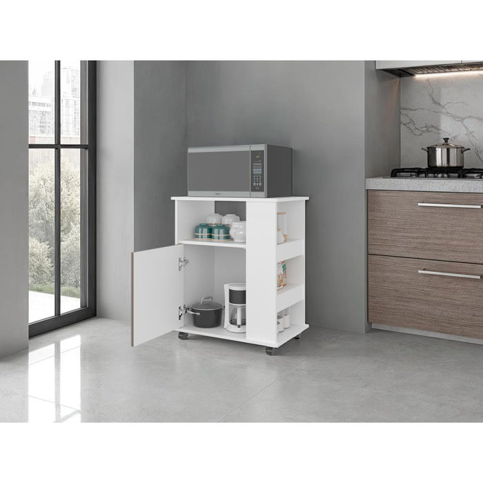 Módulo Microondas Tahara, Avellana y Blanco, con Rodachinas Plásticas y Amplio Espacio Para Almacenar Utensilios