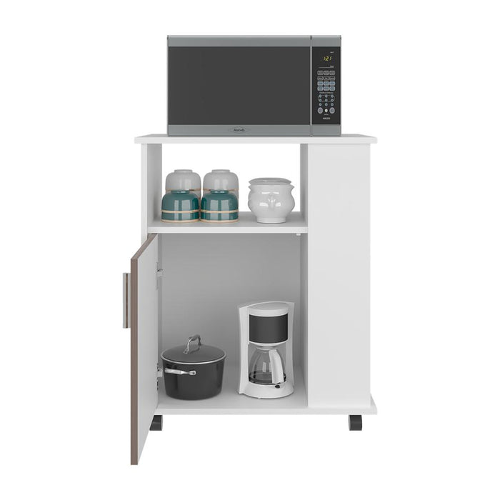Módulo Microondas Tahara, Avellana y Blanco, con Rodachinas Plásticas y Amplio Espacio Para Almacenar Utensilios