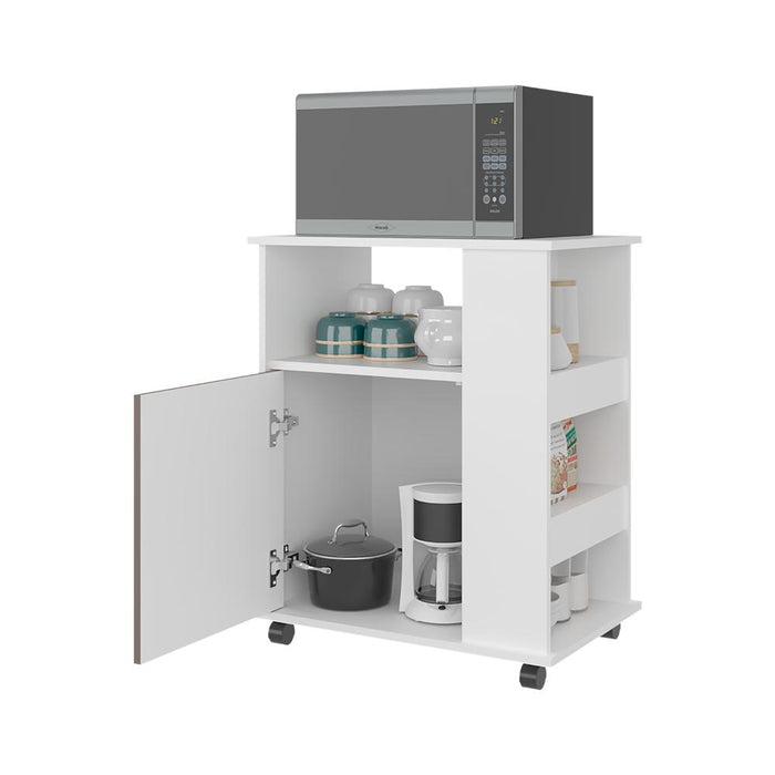 Módulo Microondas Tahara, Avellana y Blanco, con Rodachinas Plásticas y Amplio Espacio Para Almacenar Utensilios