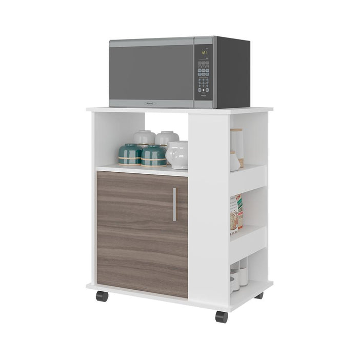 Módulo Microondas Tahara, Avellana y Blanco, con Rodachinas Plásticas y Amplio Espacio Para Almacenar Utensilios