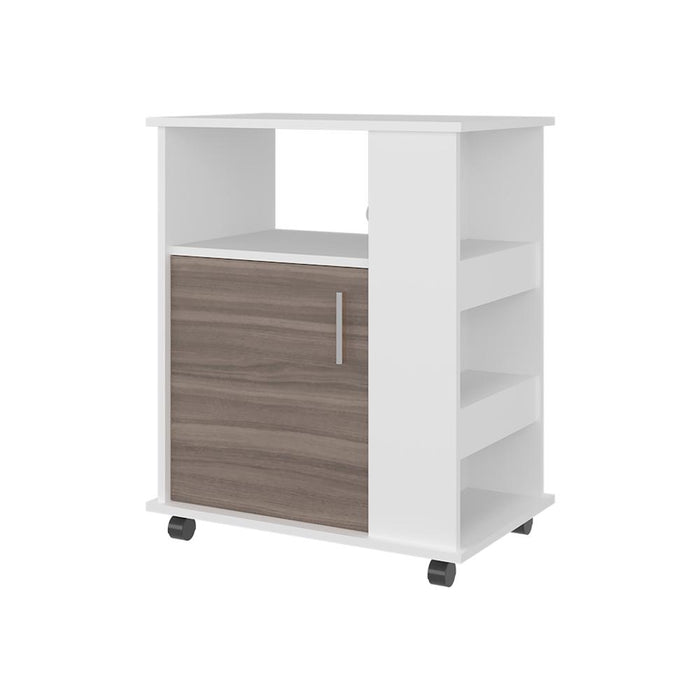 Módulo Microondas Tahara, Avellana y Blanco, con Rodachinas Plásticas y Amplio Espacio Para Almacenar Utensilios