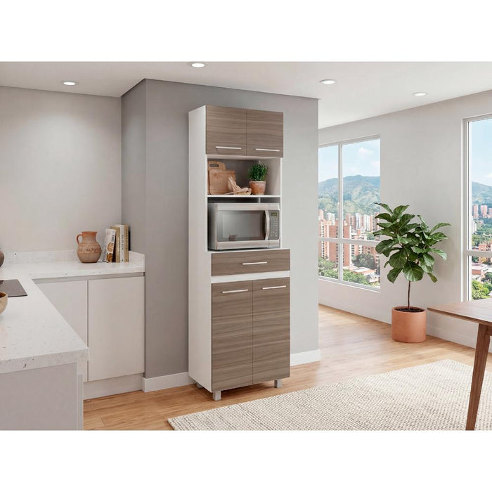 Módulo Microondas Prada 2, Avellana y Blanco, con Rodachinas y Variedad de Entrepaños