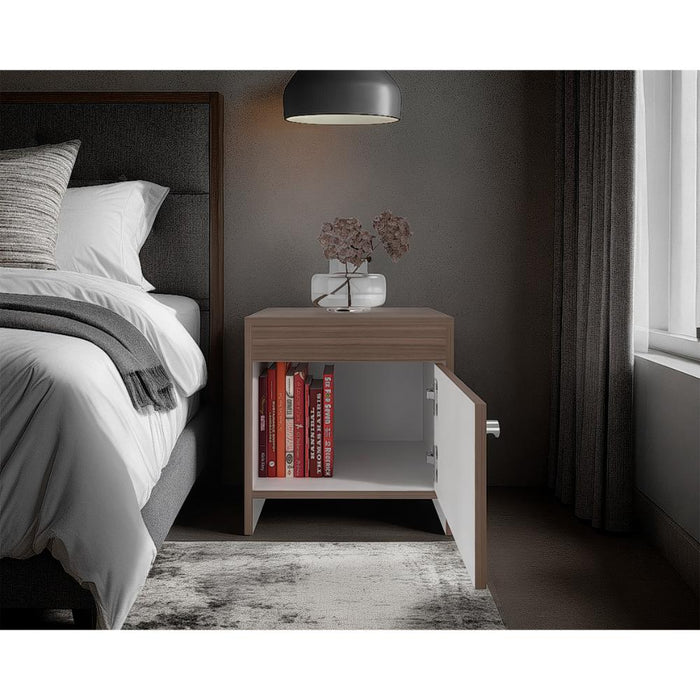 Mesa de Noche Tutto, Avellana y Blanco, con Cajón Para Guardar Objetos Ideal Para Espacios Reducidos