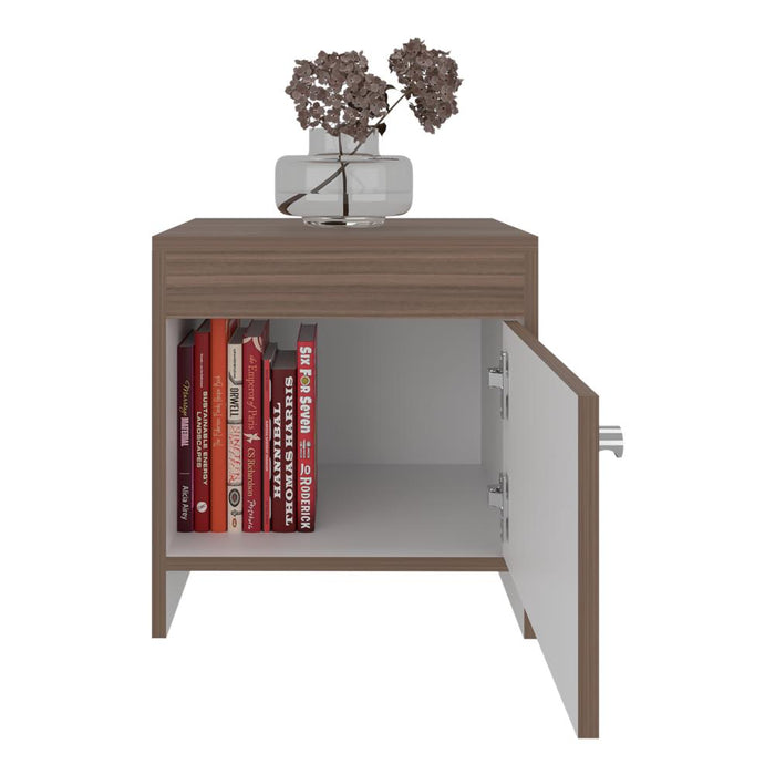 Mesa de Noche Tutto, Avellana y Blanco, con Cajón Para Guardar Objetos Ideal Para Espacios Reducidos