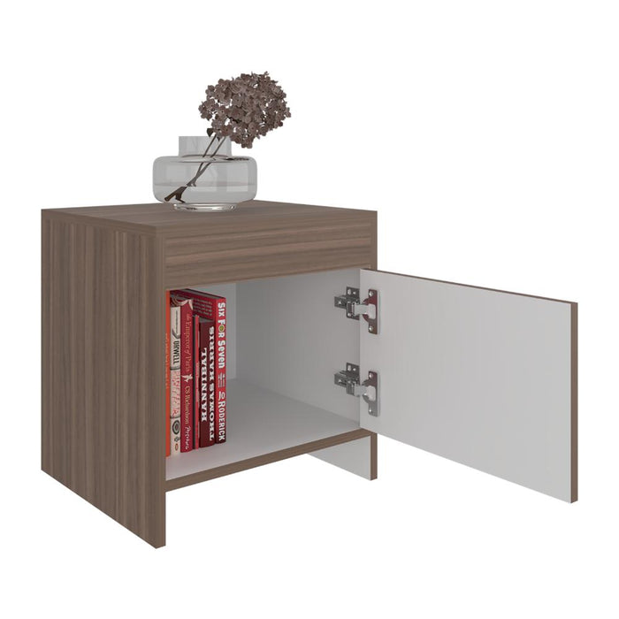 Mesa de Noche Tutto, Avellana y Blanco, con Cajón Para Guardar Objetos Ideal Para Espacios Reducidos