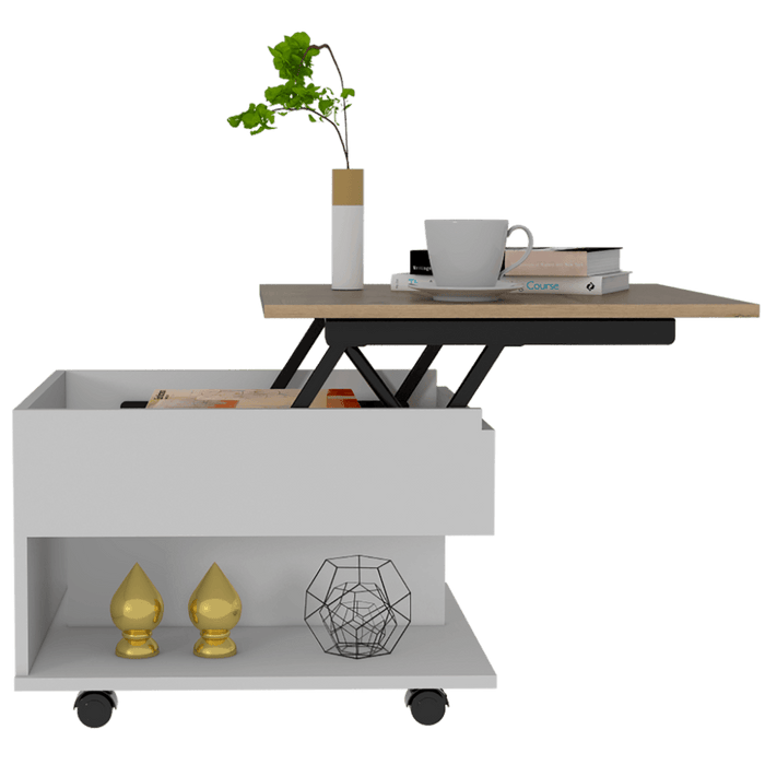 Mesa de Centro Salento, Blanco y Café Claro, con Espacio Extensible y Rodachinas de Freno ZF