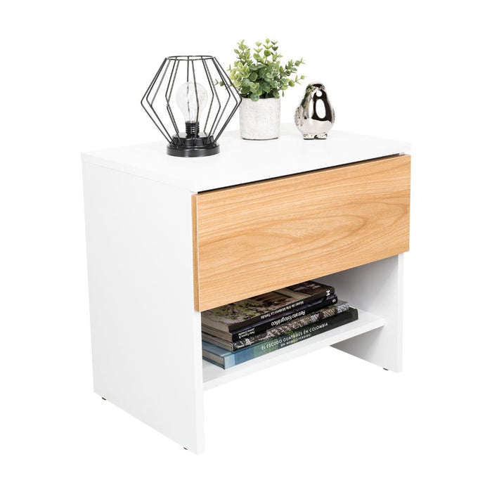 Mesa de Noche Light, Fresno Europeo y Blanco, con superficie para objetos decorativos