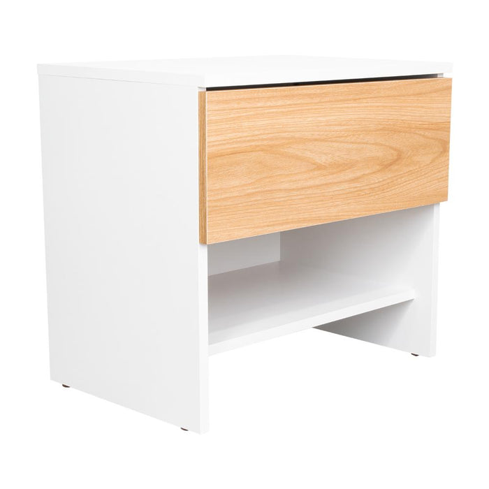 Mesa de Noche Light, Fresno Europeo y Blanco, con superficie para objetos decorativos