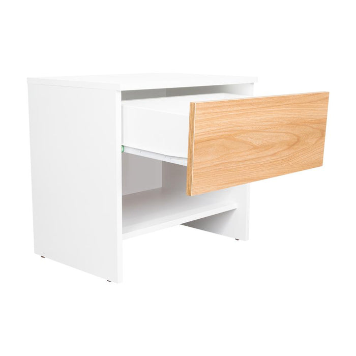 Mesa de Noche Light, Fresno Europeo y Blanco, con superficie para objetos decorativos