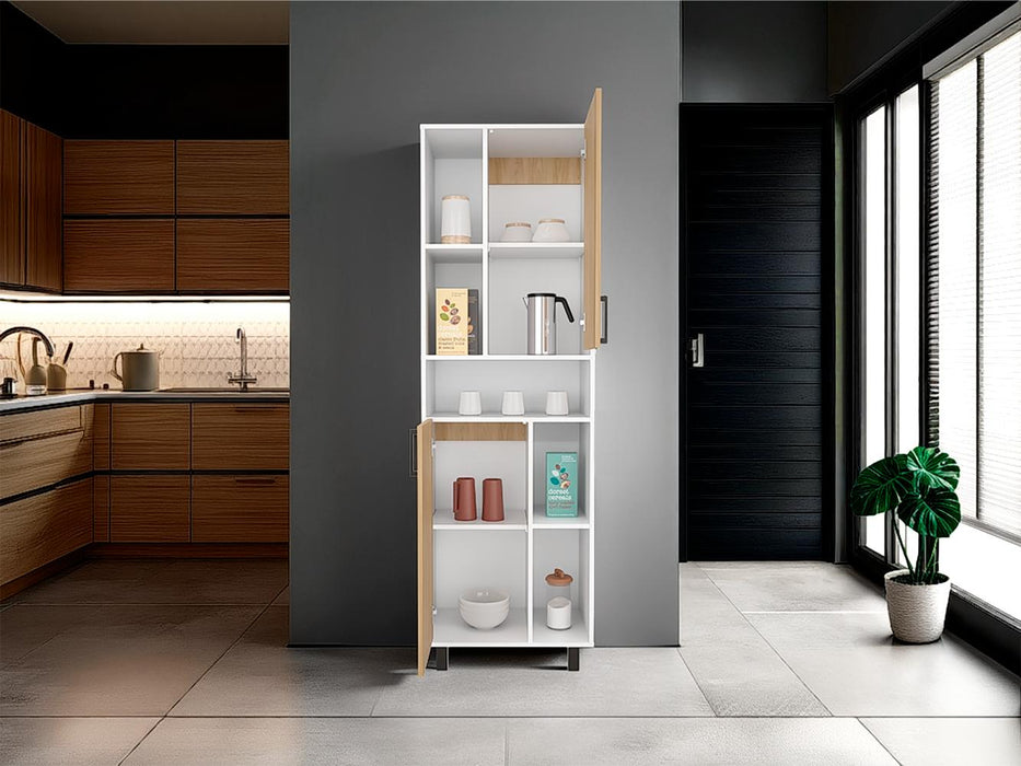 Alacena Bryce, Blanco Duqueza y Fresno Europeo, con manijas metálicas y con gran espacio de almacenamientos