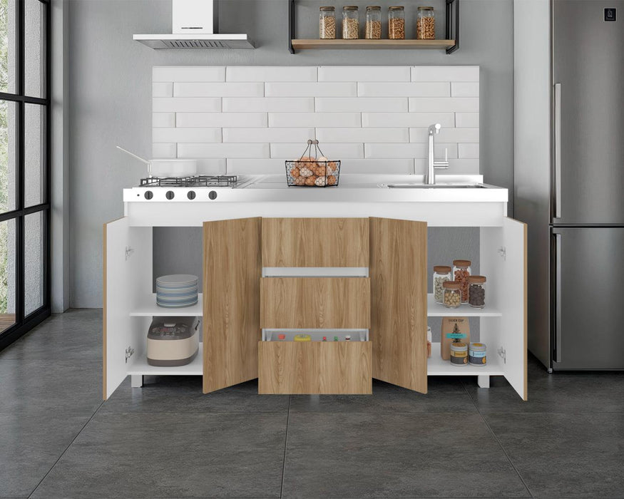 Gabinete Inferior Boreal, Blanco Duqueza y Fresno Europeo, Incluye Meson Haceb Derecho con Quemadores