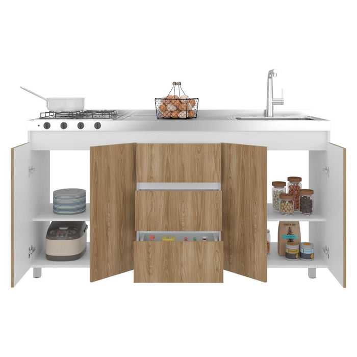 Gabinete Inferior Boreal, Blanco Duqueza y Fresno Europeo, Incluye Meson Haceb Derecho con Quemadores