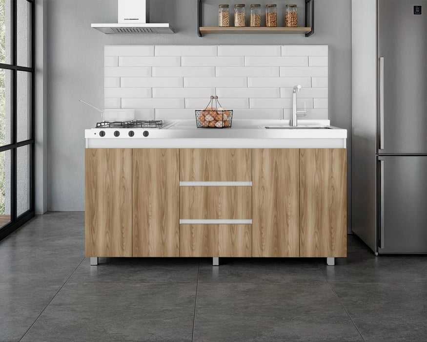 Gabinete Inferior Boreal, Blanco Duqueza y Fresno Europeo, Incluye Meson Haceb Derecho con Quemadores