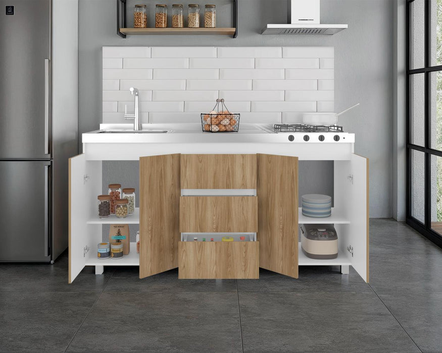 Gabinete Inferior Boreal, Blanco Duqueza y Fresno Europeo, Incluye Meson Haceb Izquierdo con Quemadores