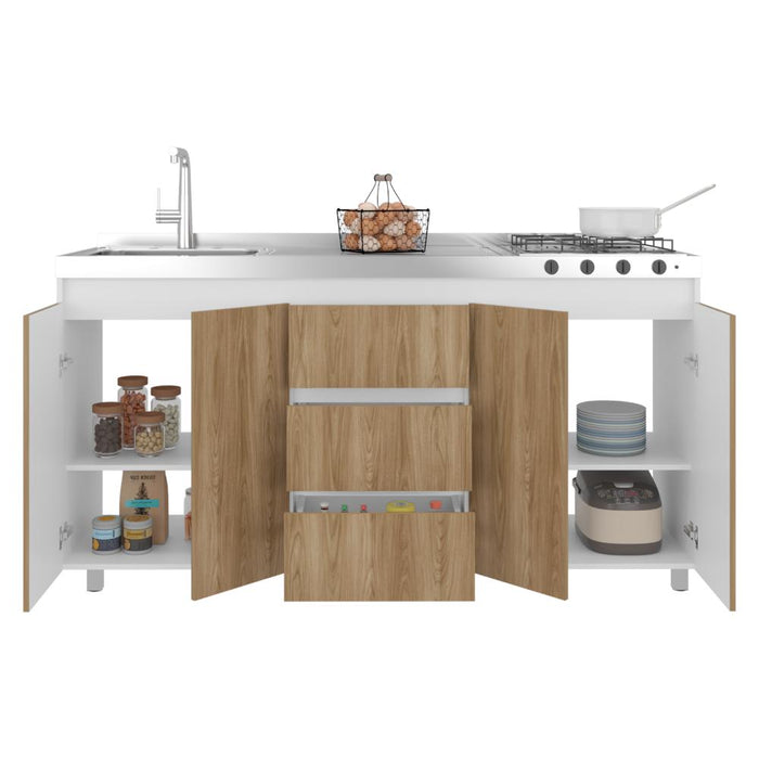 Gabinete Inferior Boreal, Blanco Duqueza y Fresno Europeo, Incluye Meson Haceb Izquierdo con Quemadores