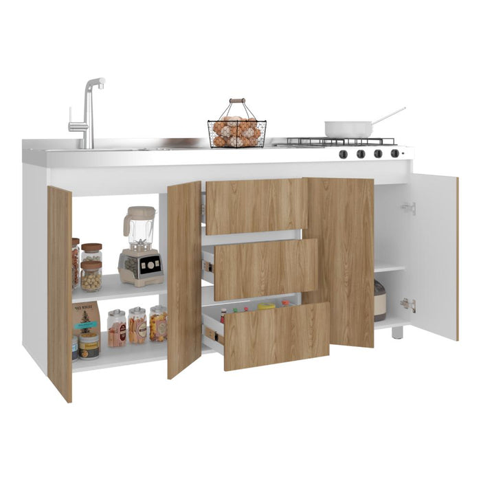 Gabinete Inferior Boreal, Blanco Duqueza y Fresno Europeo, Incluye Meson Haceb Izquierdo con Quemadores