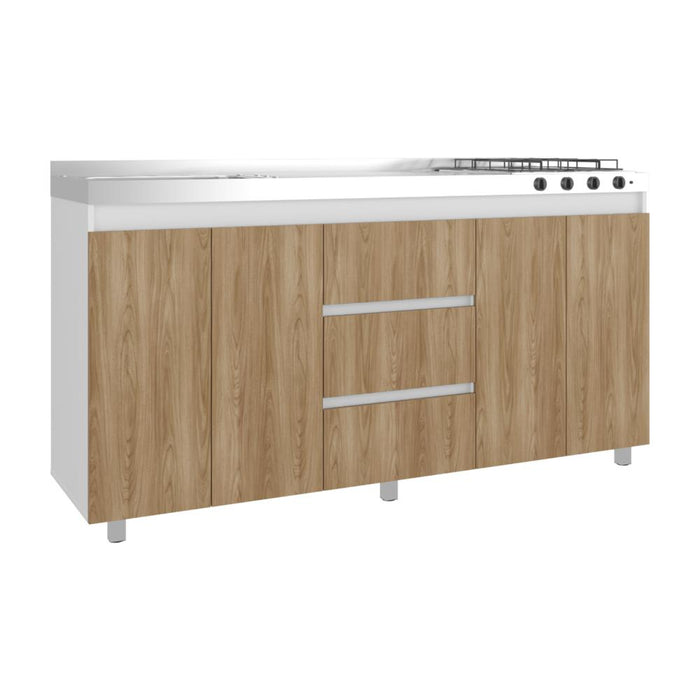 Gabinete Inferior Boreal, Blanco Duqueza y Fresno Europeo, Incluye Meson Haceb Izquierdo con Quemadores