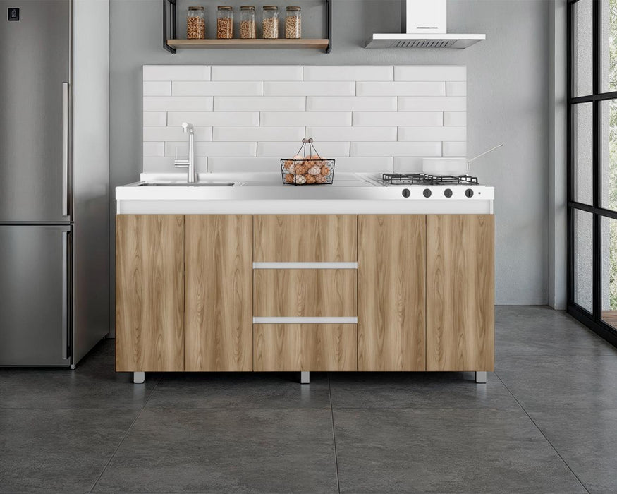 Gabinete Inferior Boreal, Blanco Duqueza y Fresno Europeo, Incluye Meson Haceb Izquierdo con Quemadores