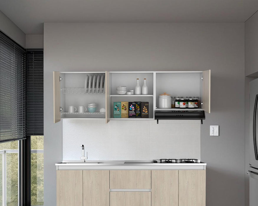 Gabinete Superior Boreal, Blanco Duqueza y Fresno Europeo, Incluye locero y platero