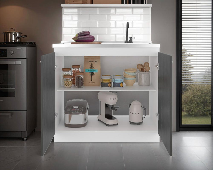 Gabinete Inferior Cantabria, Kronos Blanco y Roble Gris, con dos Puertas Abatibles- Mesón derecho y Grifería ZF