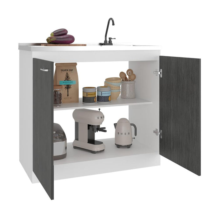 Gabinete Inferior Cantabria, Kronos Blanco y Roble Gris, con dos Puertas Abatibles- Mesón derecho y Grifería ZF
