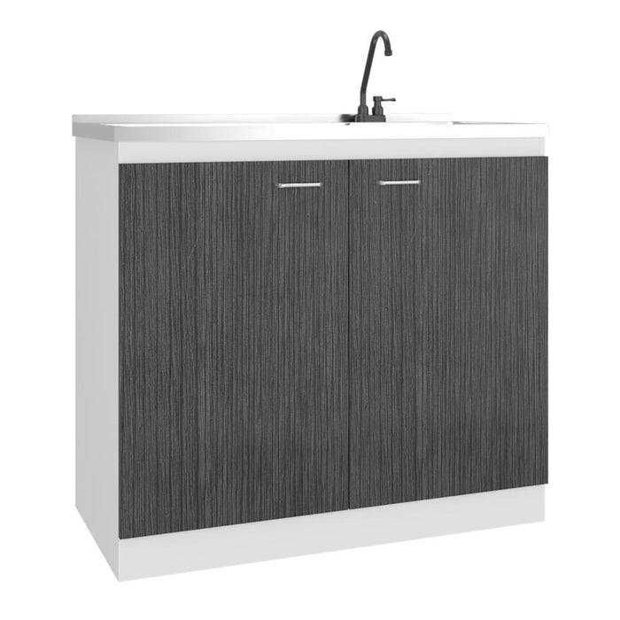 Gabinete Inferior Cantabria, Kronos Blanco y Roble Gris, con dos Puertas Abatibles- Mesón derecho y Grifería ZF