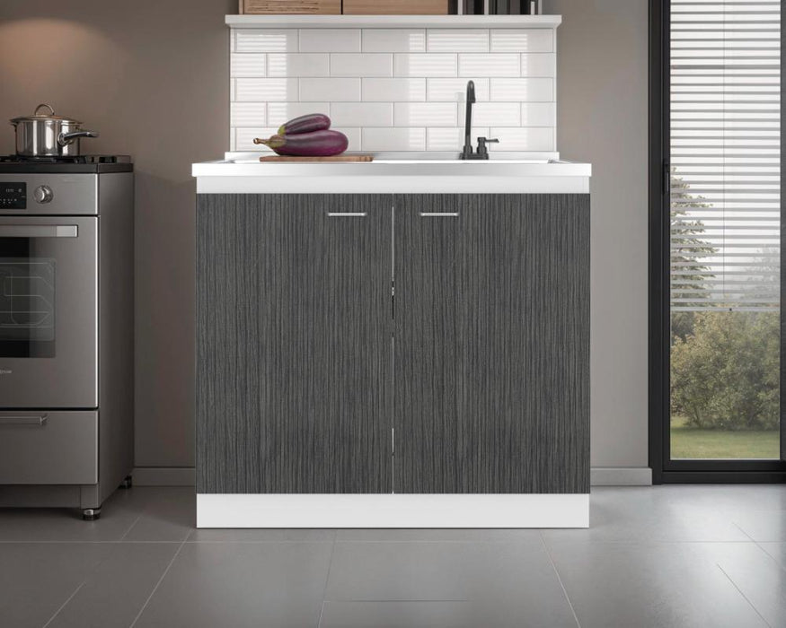 Gabinete Inferior Cantabria, Kronos Blanco y Roble Gris, con dos Puertas Abatibles- Mesón derecho y Grifería ZF