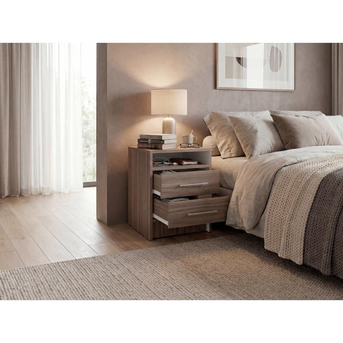 Mesa de Noche Douglas, Avellana y Blanco, con Un Entrepaño Superior y Dos Cajones Organizadores X2