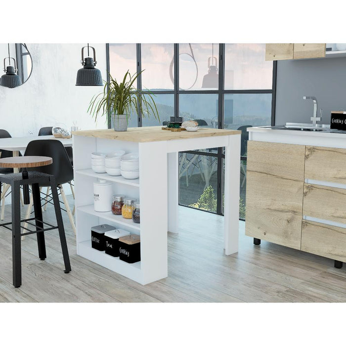 Mesa Auxiliar Mayer, Blanco y Café Claro, con Amplia Supeicie En La Mesa y Tres Entrepaños    ZF