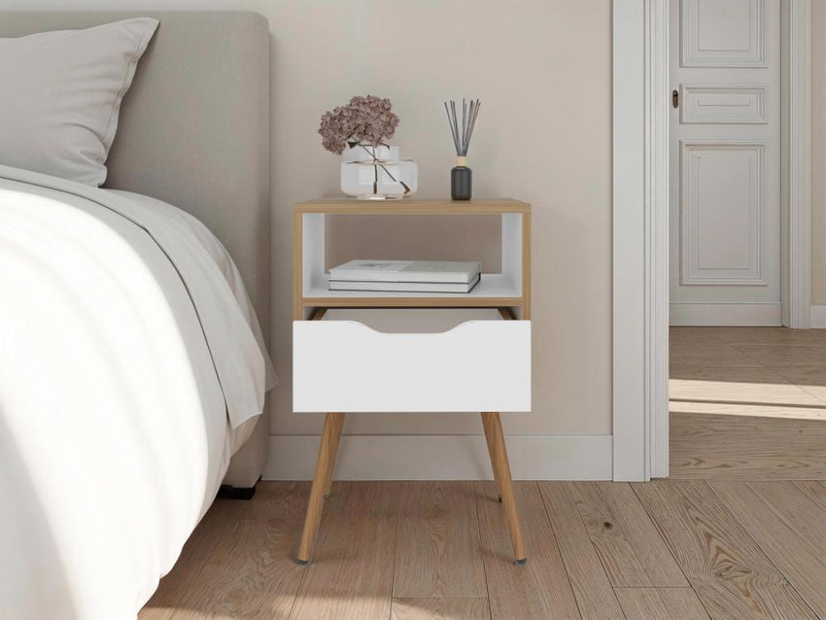Mesa de Noche Alesio, Fresno Europeo y Blanco, con Patas en Madera y un Cajón