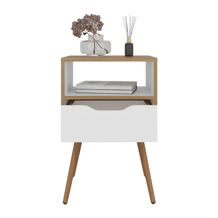 Mesa de Noche Alesio, Fresno Europeo y Blanco, con Patas en Madera y un Cajón