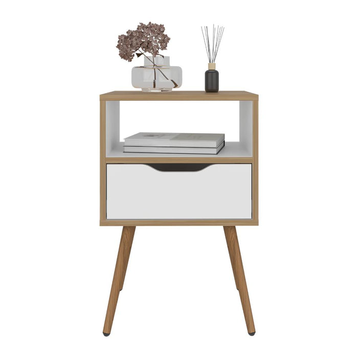 Mesa de Noche Alesio, Fresno Europeo y Blanco, con Patas en Madera y un Cajón