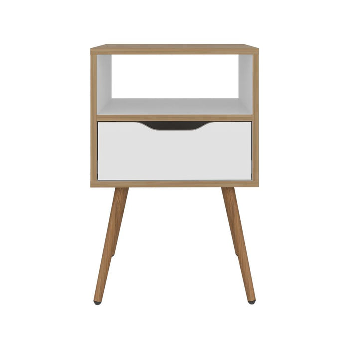 Mesa de Noche Alesio, Fresno Europeo y Blanco, con Patas en Madera y un Cajón