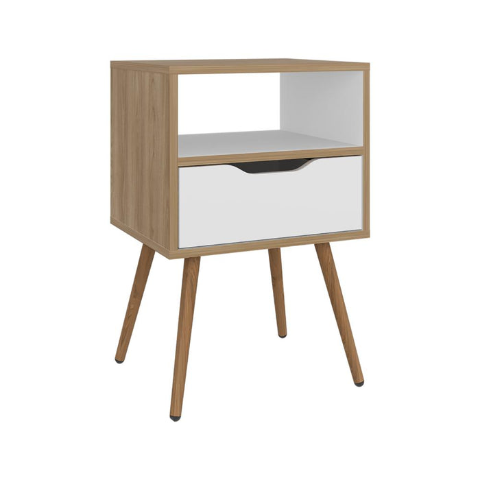 Mesa de Noche Alesio, Fresno Europeo y Blanco, con Patas en Madera y un Cajón