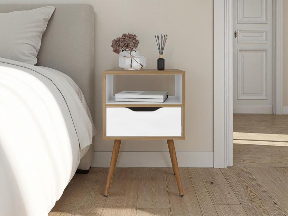 Mesa de Noche Alesio, Fresno Europeo y Blanco, con Patas en Madera y un Cajón
