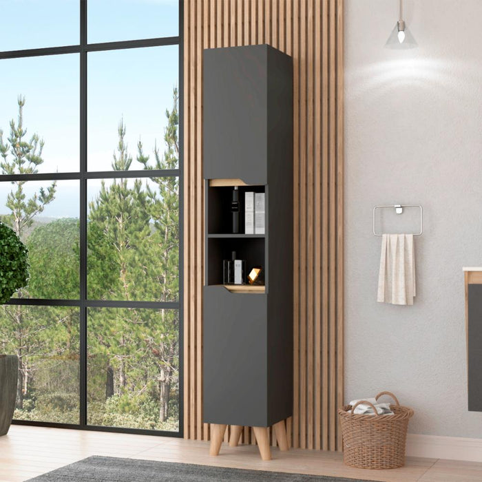 Estanteria de Baño Vicent Alto, Plata Oscuro y Café Claro, con Dos Puertas Abatibles y Entrepaños