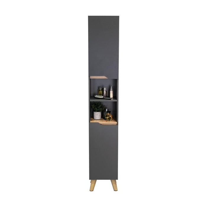 Estanteria de Baño Vicent Alto, Plata Oscuro y Café Claro, con Dos Puertas Abatibles y Entrepaños