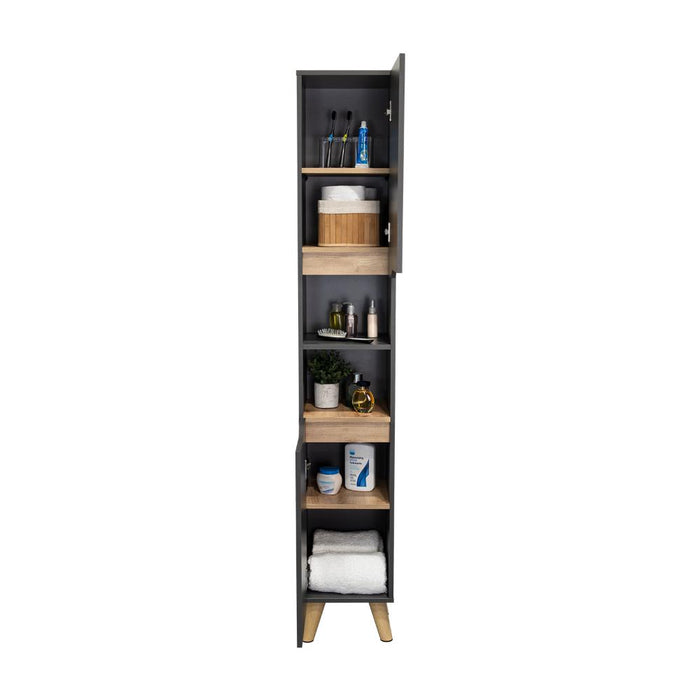 Estanteria de Baño Vicent Alto, Plata Oscuro y Café Claro, con Dos Puertas Abatibles y Entrepaños