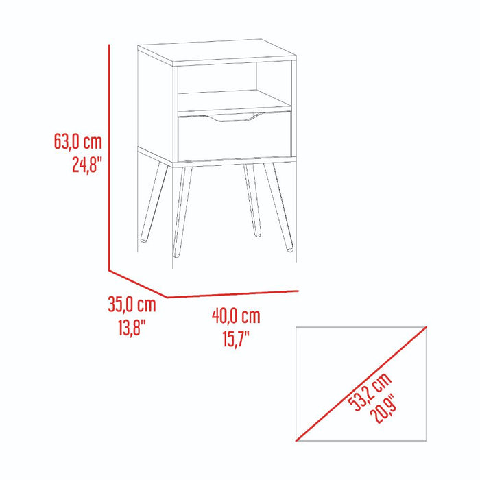 Mesa de Noche Alesio, Fresno Europeo y Blanco, con Patas en Madera y un Cajón