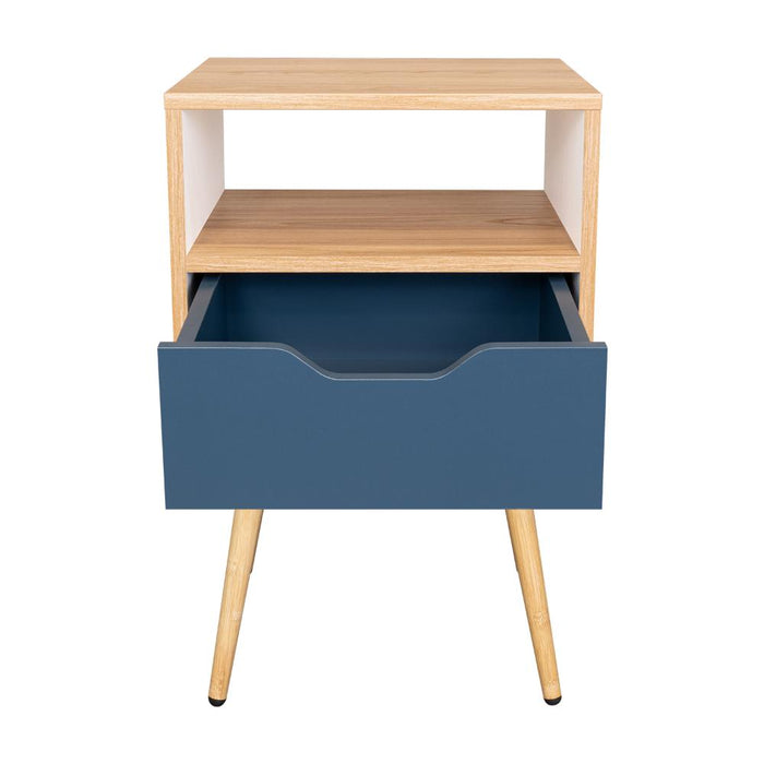 Mesa de Noche Alesio, Fresno Europeo y Blanco Kronos Azul, con Patas en Madera y un Cajón