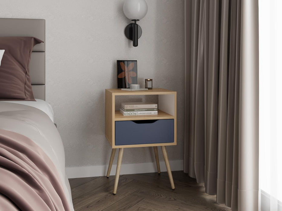 Mesa de Noche Alesio, Fresno Europeo y Blanco Kronos Azul, con Patas en Madera y un Cajón