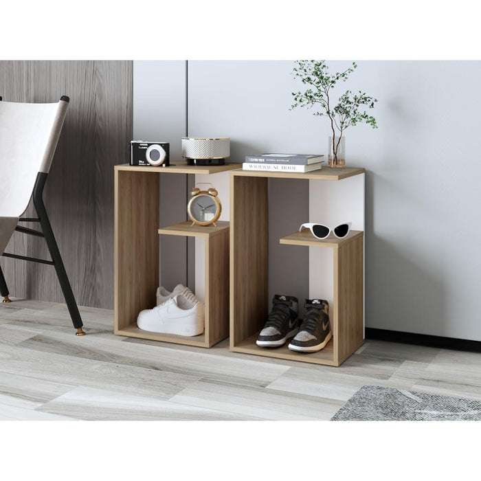 Mesa Auxiliar Evert, Fresno Europeo y Blanco, con diseño moderno y espacio para ubicar objetos