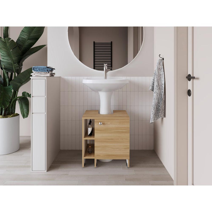 Mueble para Lavamanos Omahi, Fresno Europeo y Blanco Duqueza, con Variedad de Entrepaños