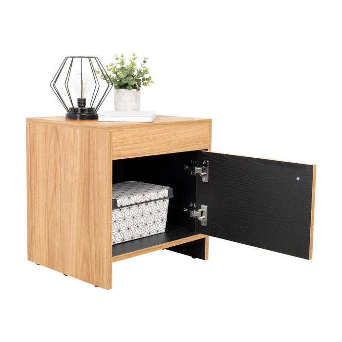 Mesa de Noche Tutto, Fresno Europeo y Wengue, Con Cajón Para Guardar Objetos Ideal Para Espacios Reducidos