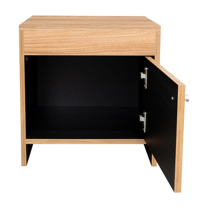 Mesa de Noche Tutto, Fresno Europeo y Wengue, Con Cajón Para Guardar Objetos Ideal Para Espacios Reducidos