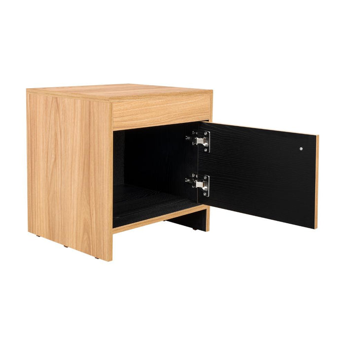 Mesa de Noche Tutto, Fresno Europeo y Wengue, Con Cajón Para Guardar Objetos Ideal Para Espacios Reducidos