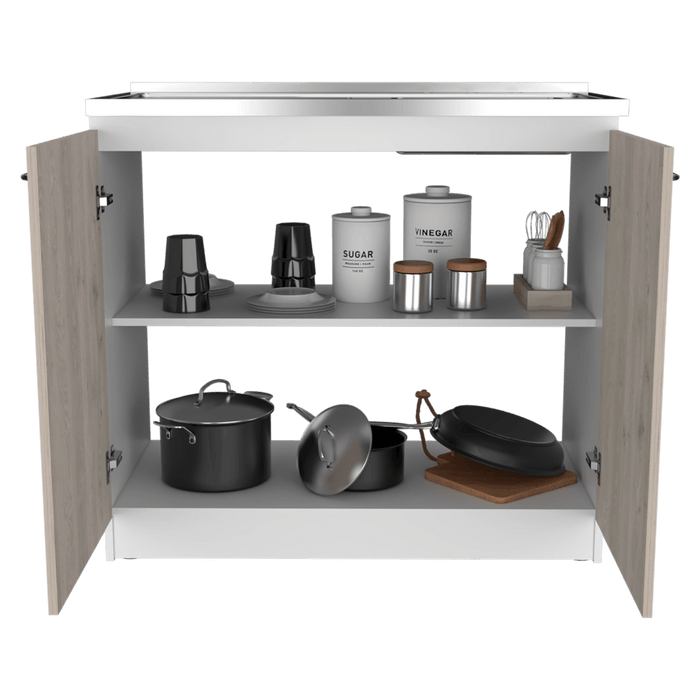 Gabinete Inferior Cantabria, Blanco y Humo, con Dos Puertas Batientes, con Mesón Derecho  ZF